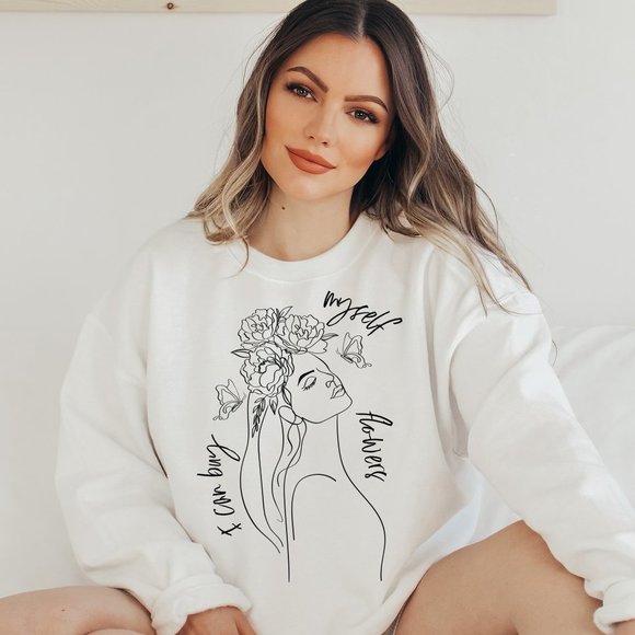 SimplyBeverly Sweaters - I Can Buy Myself Flowers Floral Woman Outline White Sweatshirt